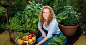 woman in garden with home grown produce